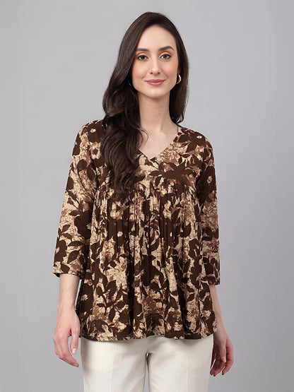 Janasya Women's Beige Pure Cotton Floral Printed Peplum Top