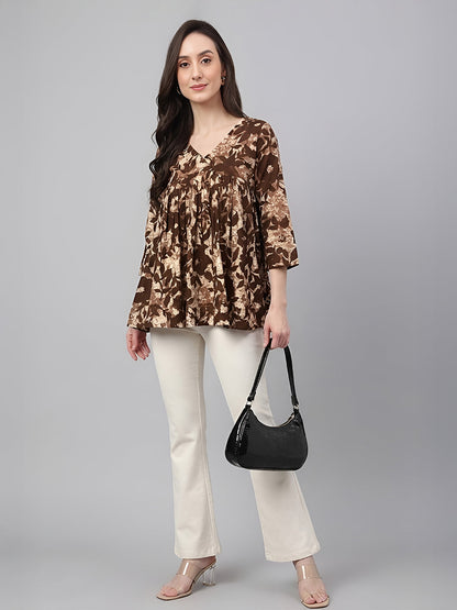 Janasya Women's Beige Pure Cotton Floral Printed Peplum Top
