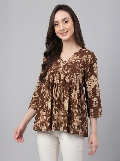 Janasya Women's Beige Pure Cotton Floral Printed Peplum Top