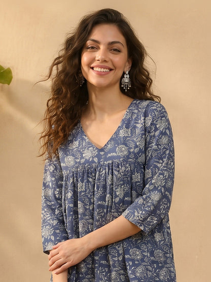 Janasya Women's Blue Pure Cotton Floral Printed Peplum Top
