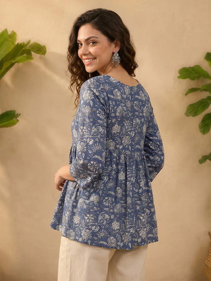 Janasya Women's Blue Pure Cotton Floral Printed Peplum Top