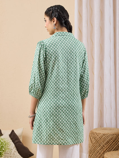 Janasya Women's Green Pure Cotton Ethnic Motifs Printed A-line Tunic