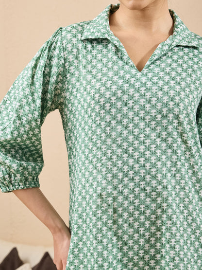 Janasya Women's Green Pure Cotton Ethnic Motifs Printed A-line Tunic