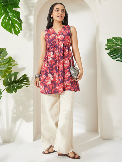 Janasya Women's Wine Pure Cotton Floral Printed Gathered Tunic