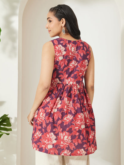 Janasya Women's Wine Pure Cotton Floral Printed Gathered Tunic