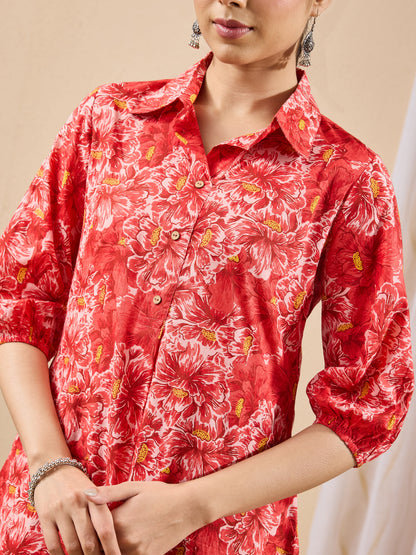 Janasya Women's Coral Pure Cotton Floral Printed A-line Tunic