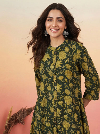 Janasya Women's Dark Green Pure Cotton Floral Printed A-Line Flared Tunic