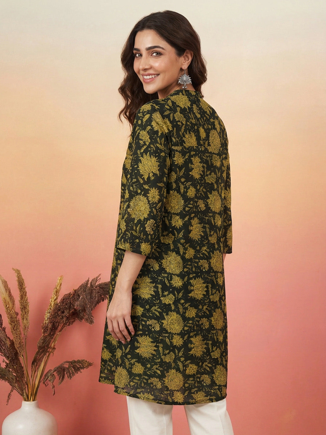 Janasya Women's Dark Green Pure Cotton Floral Printed A-Line Flared Tunic