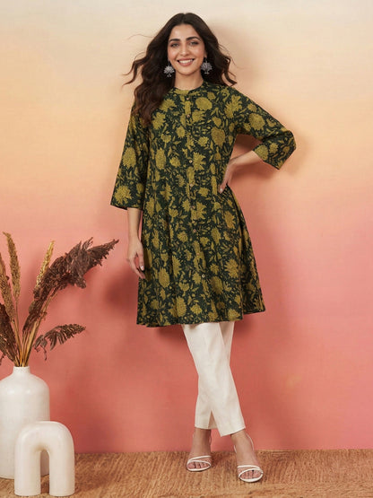 Janasya Women's Dark Green Pure Cotton Floral Printed A-Line Flared Tunic