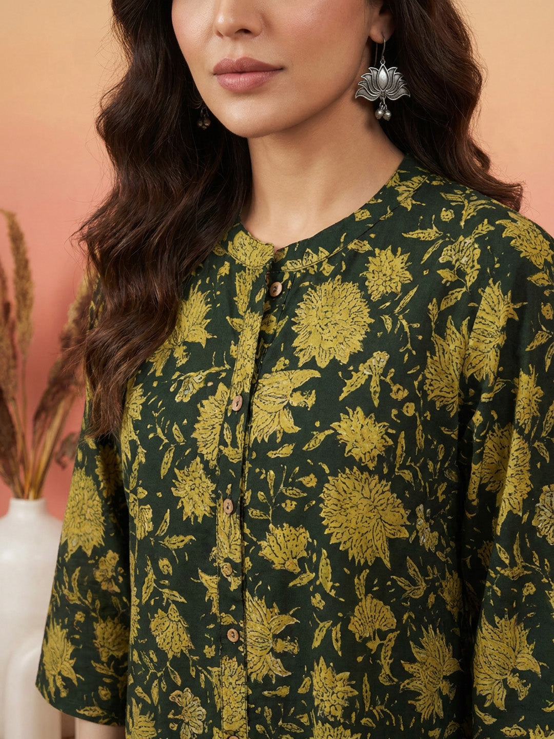 Janasya Women's Dark Green Pure Cotton Floral Printed A-Line Flared Tunic