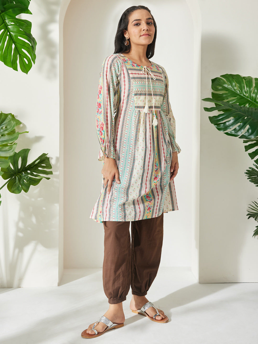 Janasya Women's Cream Pure Cotton Floral Printed A-Line Tunic