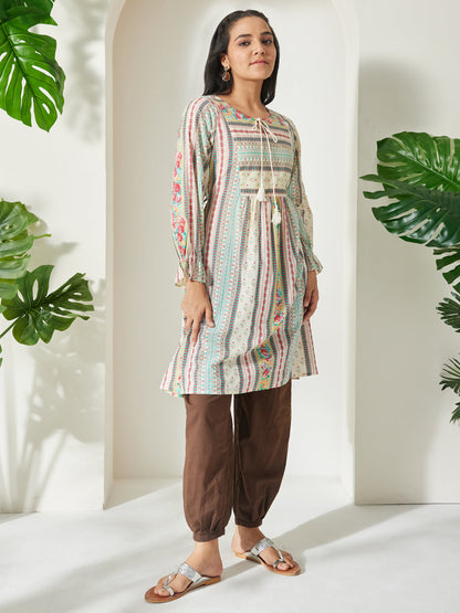 Janasya Women's Cream Pure Cotton Floral Printed A-Line Tunic