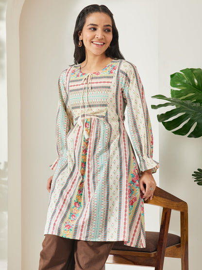 Janasya Women's Cream Pure Cotton Floral Printed A-Line Tunic