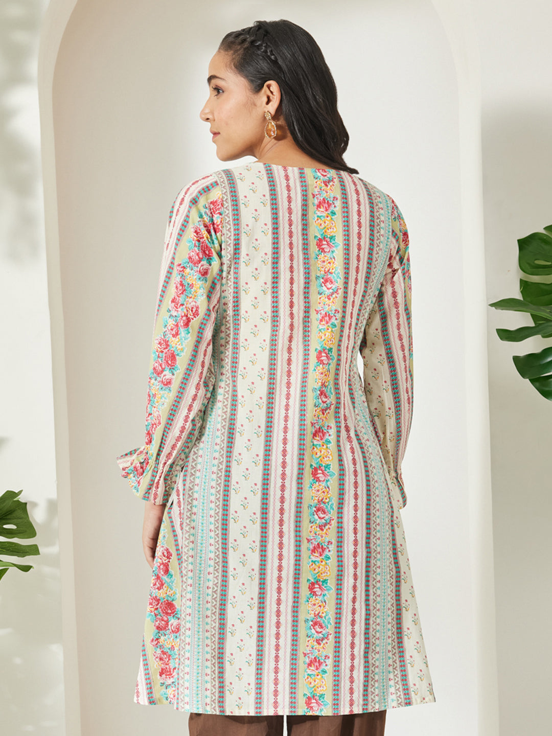 Janasya Women's Cream Pure Cotton Floral Printed A-Line Tunic