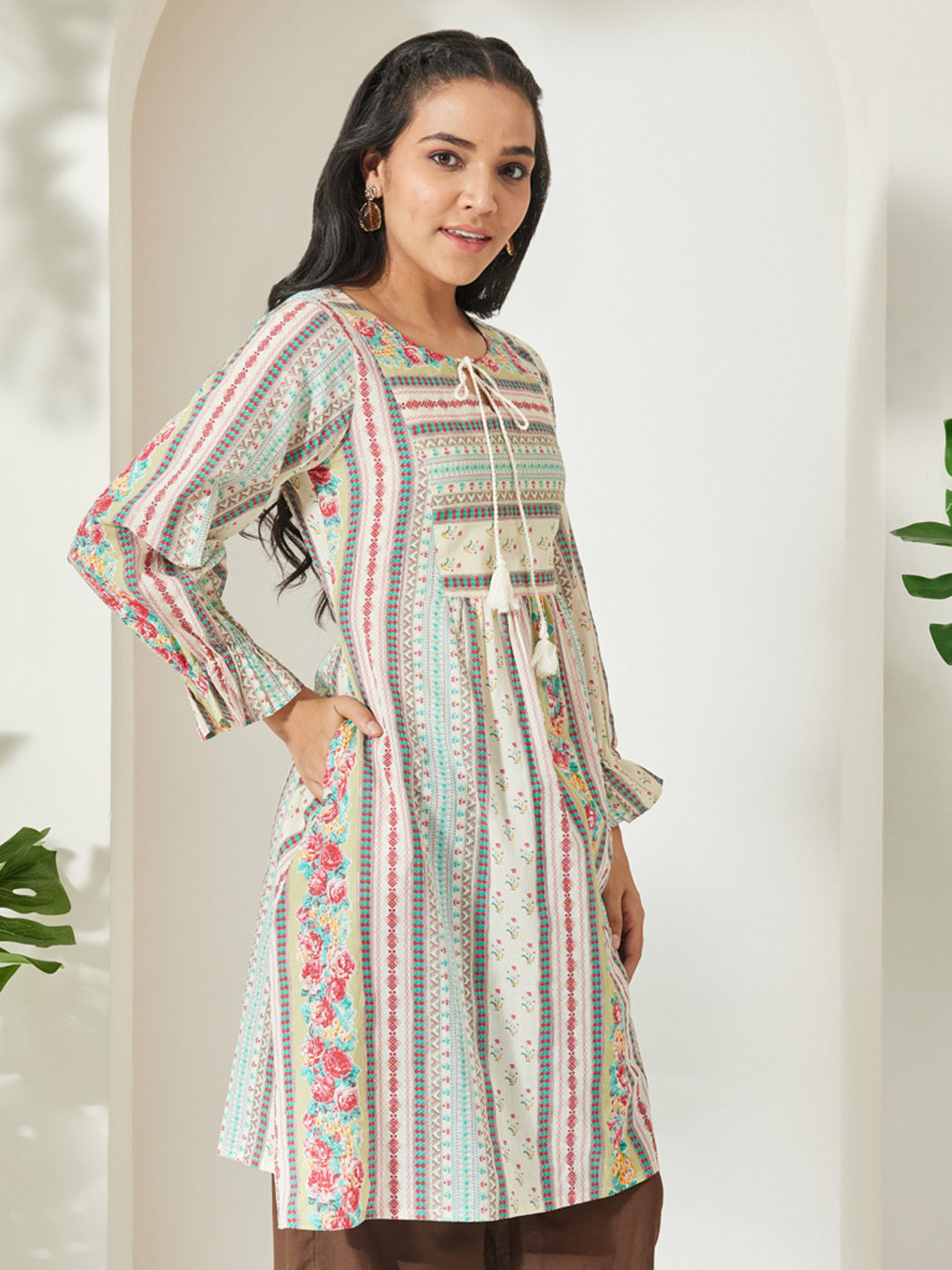Janasya Women's Cream Pure Cotton Floral Printed A-Line Tunic