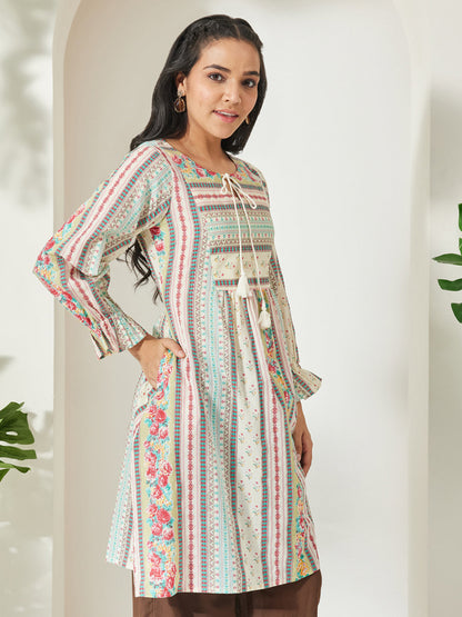 Janasya Women's Cream Pure Cotton Floral Printed A-Line Tunic