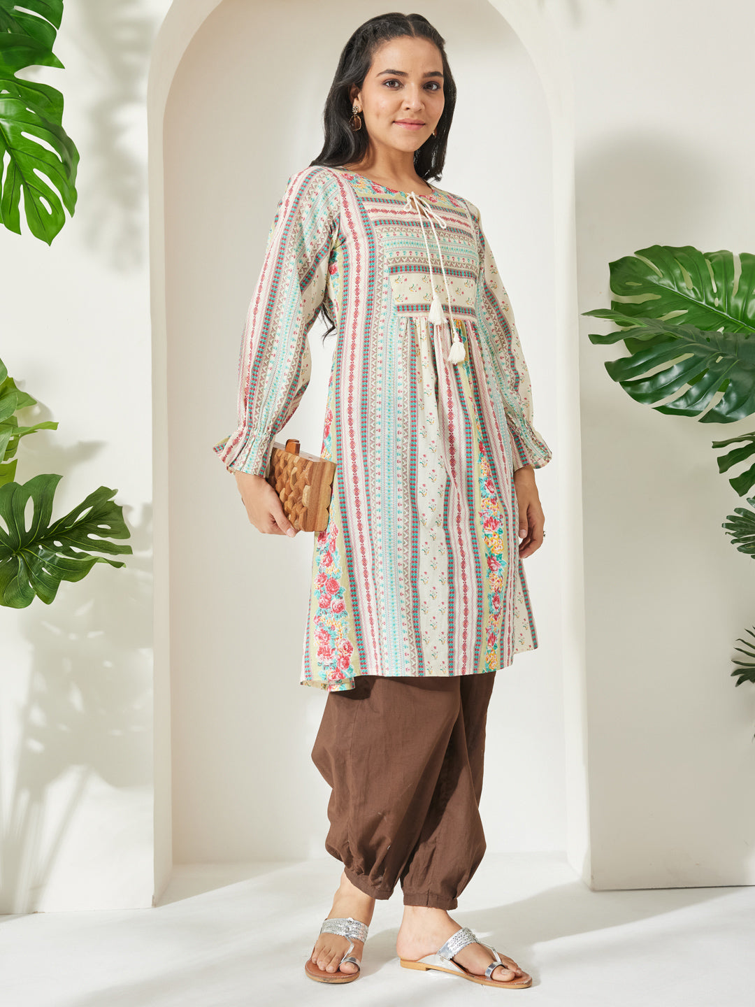 Janasya Women's Cream Pure Cotton Floral Printed A-Line Tunic