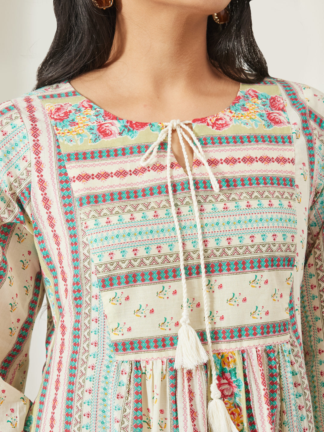 Janasya Women's Cream Pure Cotton Floral Printed A-Line Tunic