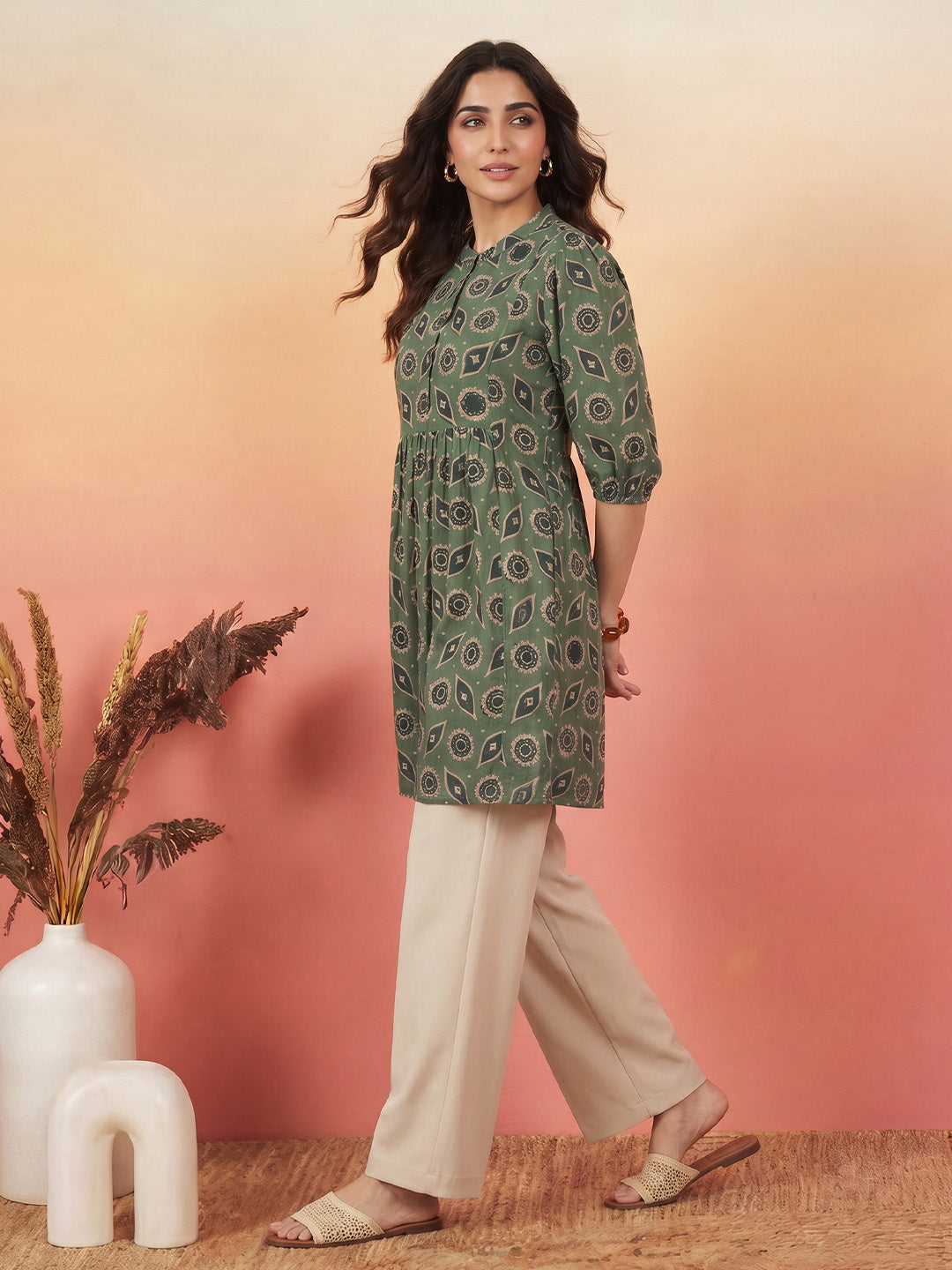 Janasya Women's Green Pure Cotton Geometric Printed A-Line Tunic