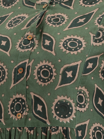 Janasya Women's Green Pure Cotton Geometric Printed A-Line Tunic
