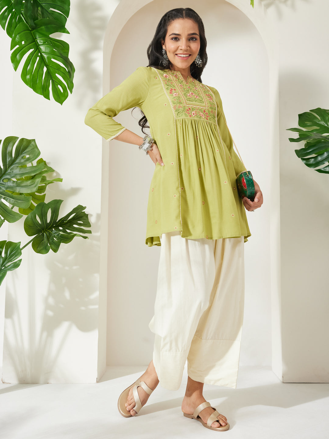 Janasya Women's Lime Green Rayon Yoke Embroidered A-Line Tunic