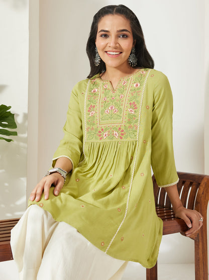 Janasya Women's Lime Green Rayon Yoke Embroidered A-Line Tunic
