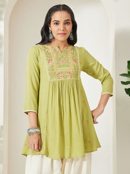 Janasya Women's Lime Green Rayon Yoke Embroidered A-Line Tunic