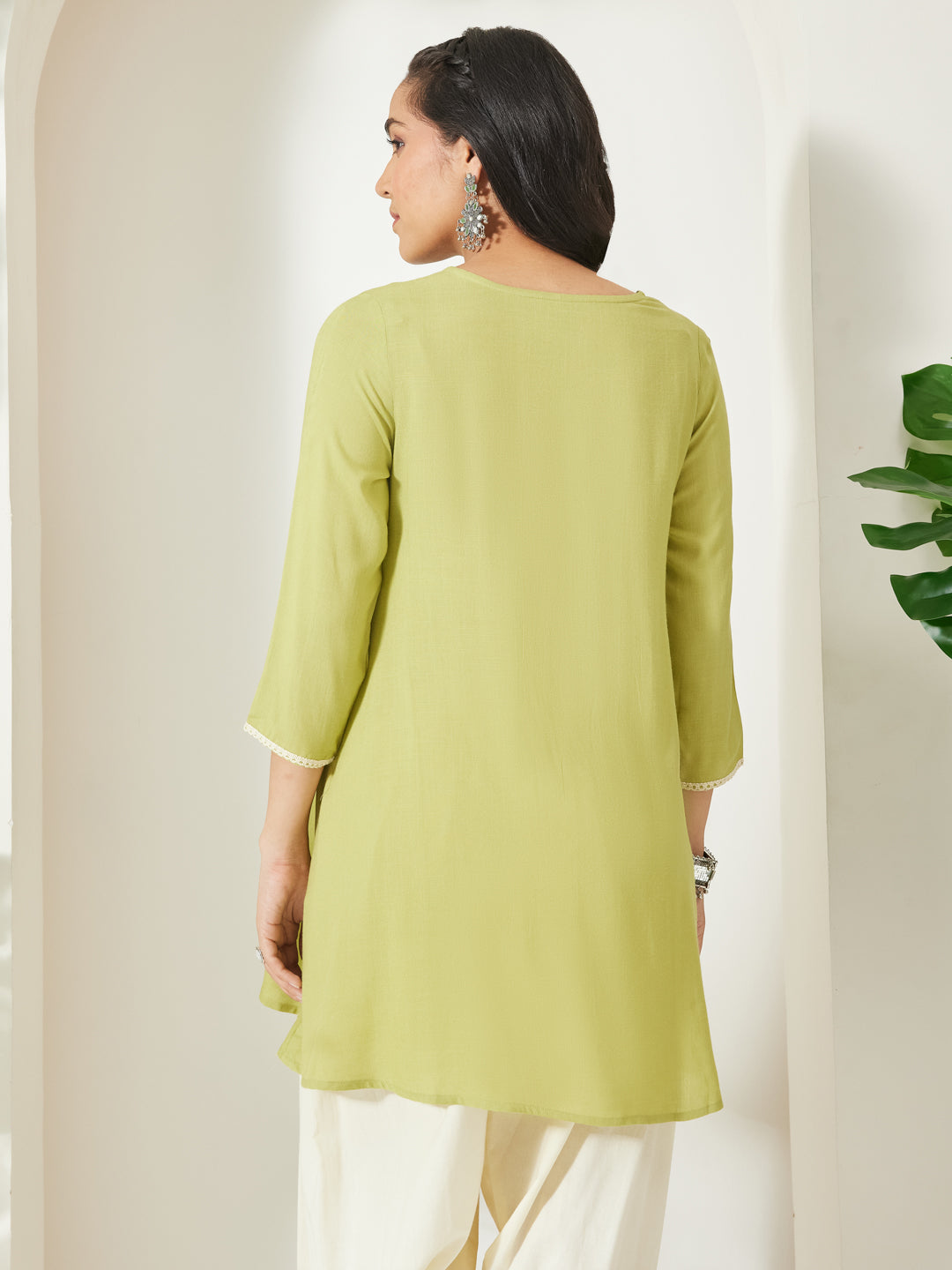 Janasya Women's Lime Green Rayon Yoke Embroidered A-Line Tunic