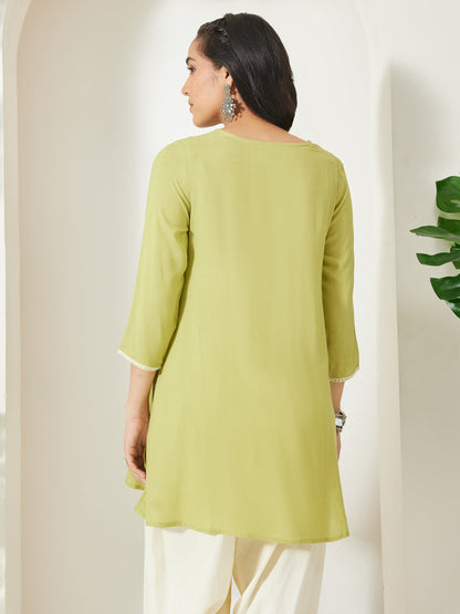 Janasya Women's Lime Green Rayon Yoke Embroidered A-Line Tunic
