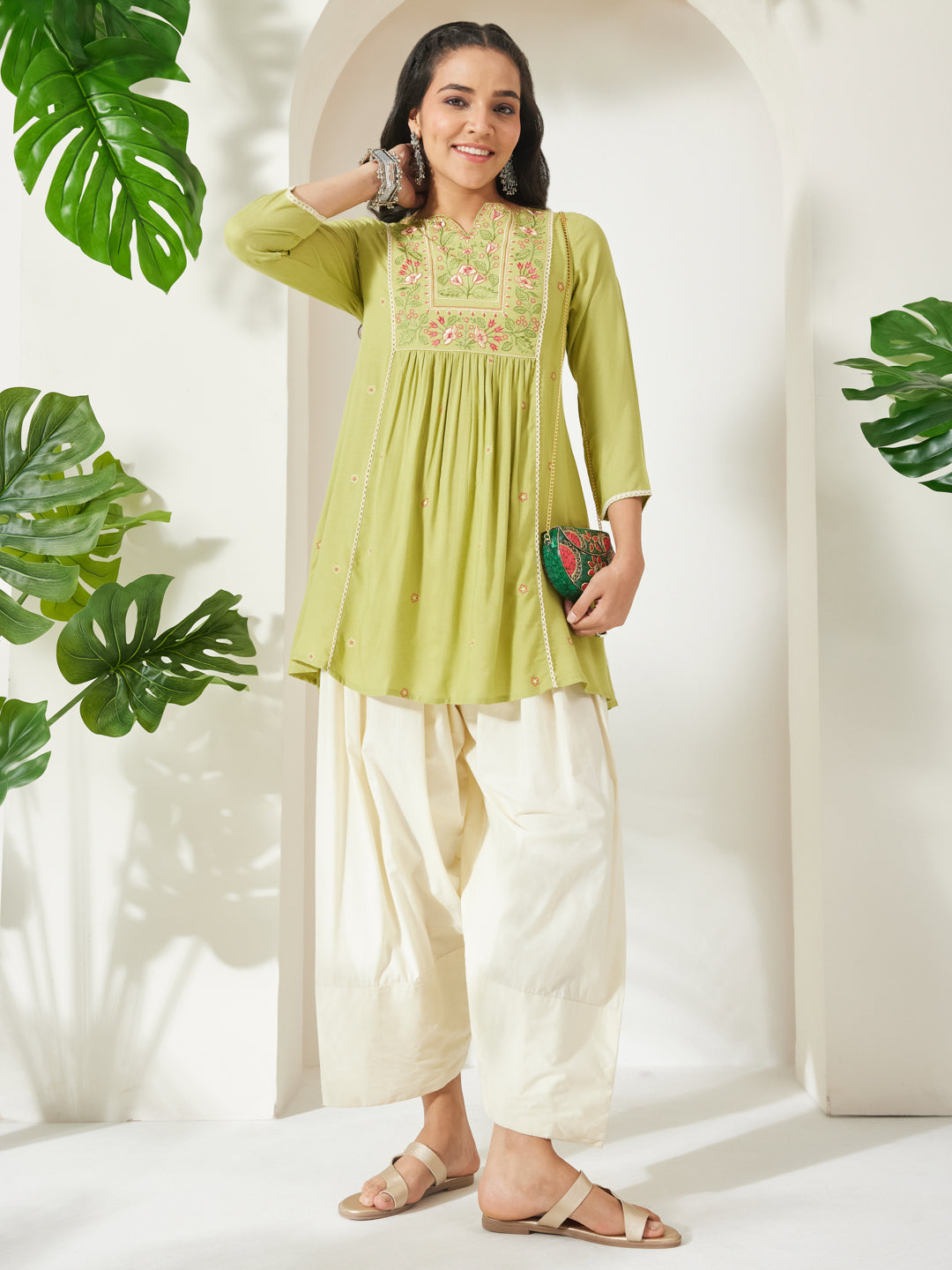 Janasya Women's Lime Green Rayon Yoke Embroidered A-Line Tunic