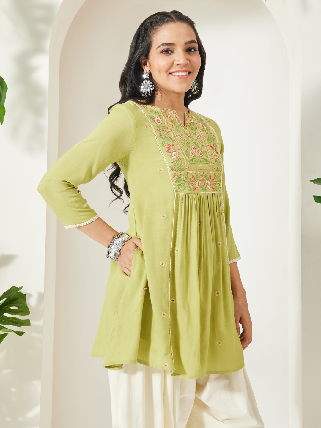 Janasya Women's Lime Green Rayon Yoke Embroidered A-Line Tunic
