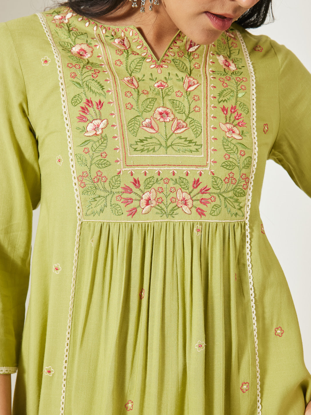 Janasya Women's Lime Green Rayon Yoke Embroidered A-Line Tunic