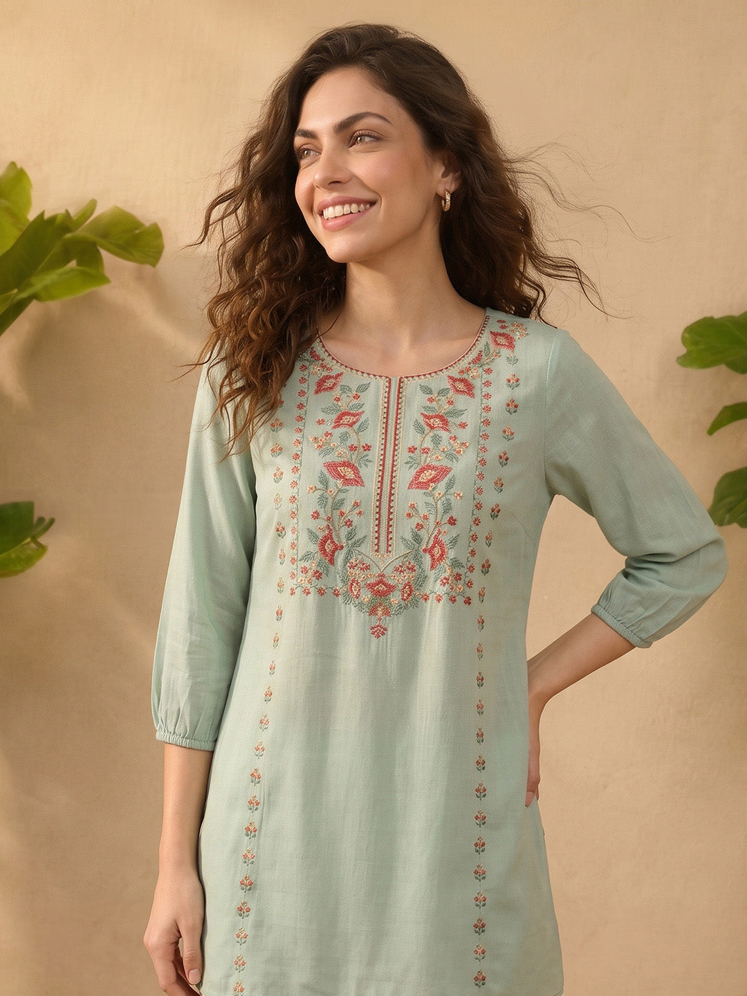 Janasya Women's Mint Green Rayon Embroidered Straight Tunic