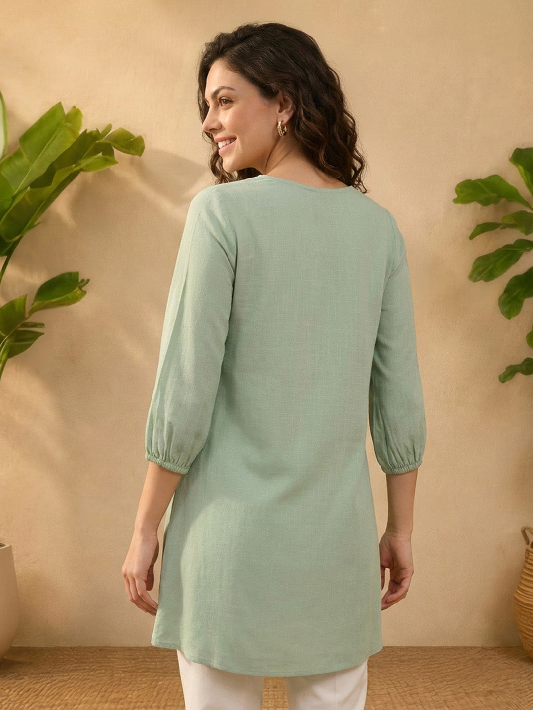 Janasya Women's Mint Green Rayon Embroidered Straight Tunic