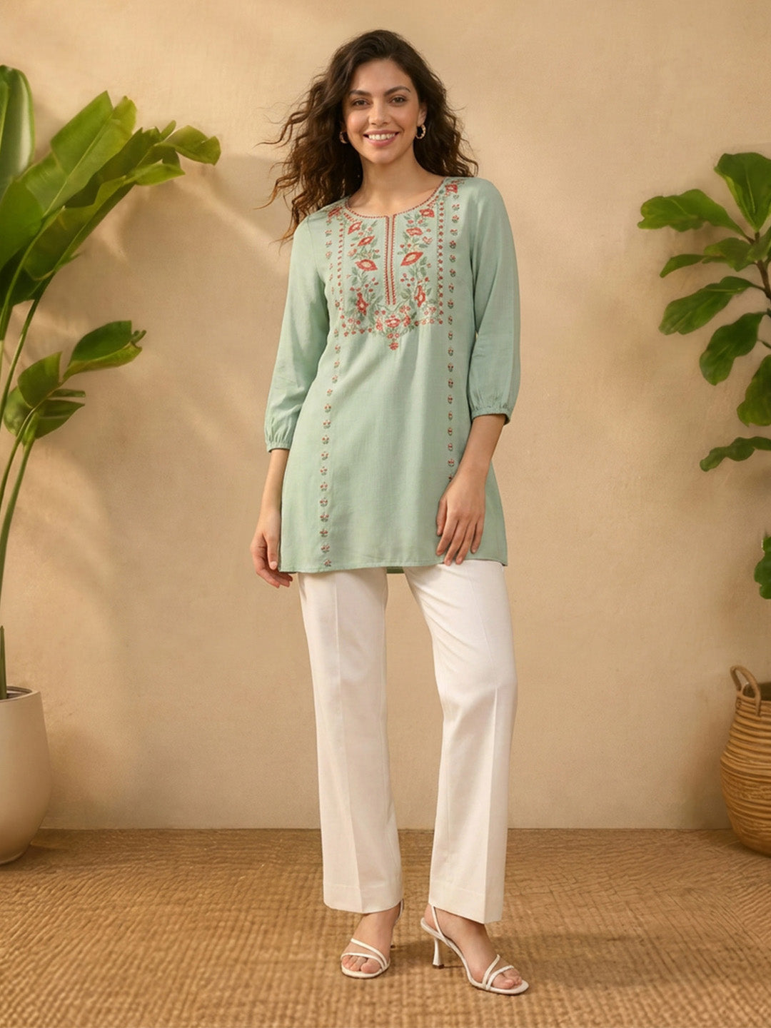 Janasya Women's Mint Green Rayon Embroidered Straight Tunic
