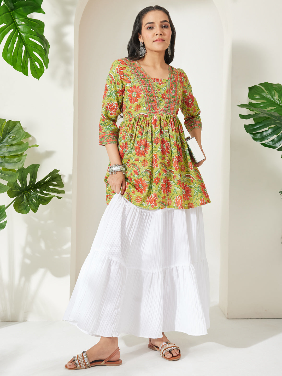 Janasya Women's Lime Green Pure Cotton Floral Printed A-Line Tunic