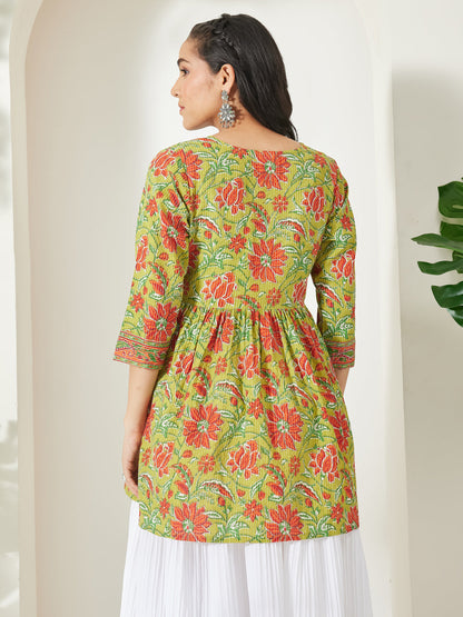 Janasya Women's Lime Green Pure Cotton Floral Printed A-Line Tunic