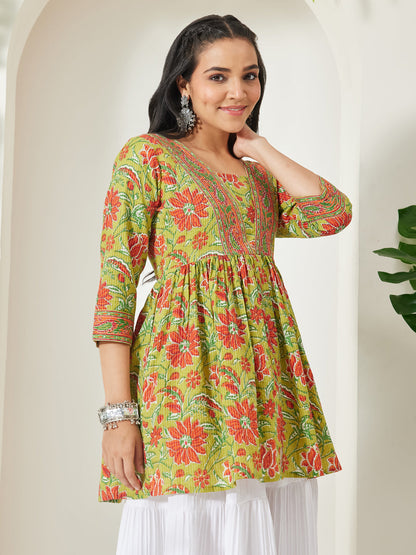 Janasya Women's Lime Green Pure Cotton Floral Printed A-Line Tunic