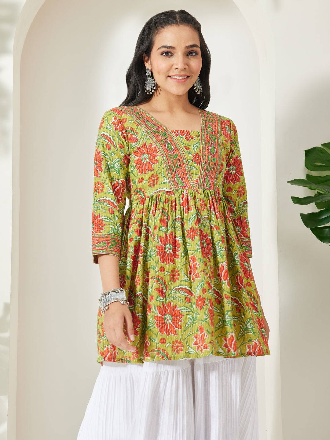 Janasya Women's Lime Green Pure Cotton Floral Printed A-Line Tunic