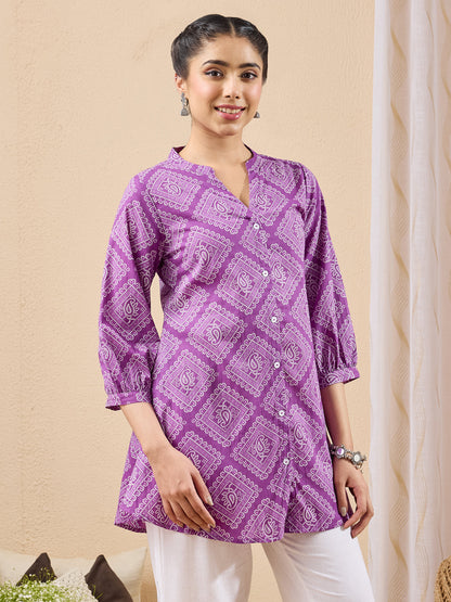 Janasya Women's Purple Pure Cotton Bandhani Printed A-line Tunic