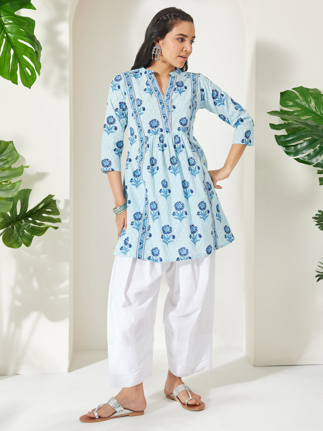 Janasya Women's Light Blue Pure Cotton Floral Printed  A-Line Tunic