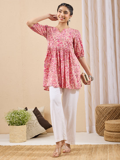 Janasya Women's Pink Pure Cotton Floral Printed A-line Tunic