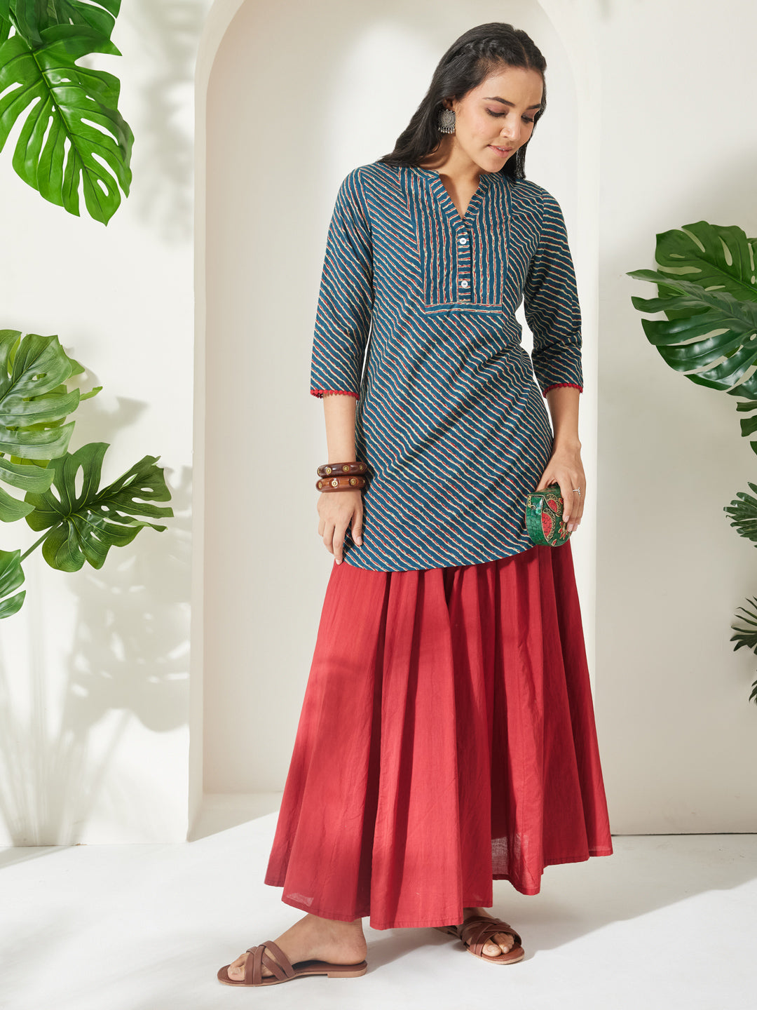 Janasya Women's Teal Blue Pure Cotton Striped Printed A-Line Tunic