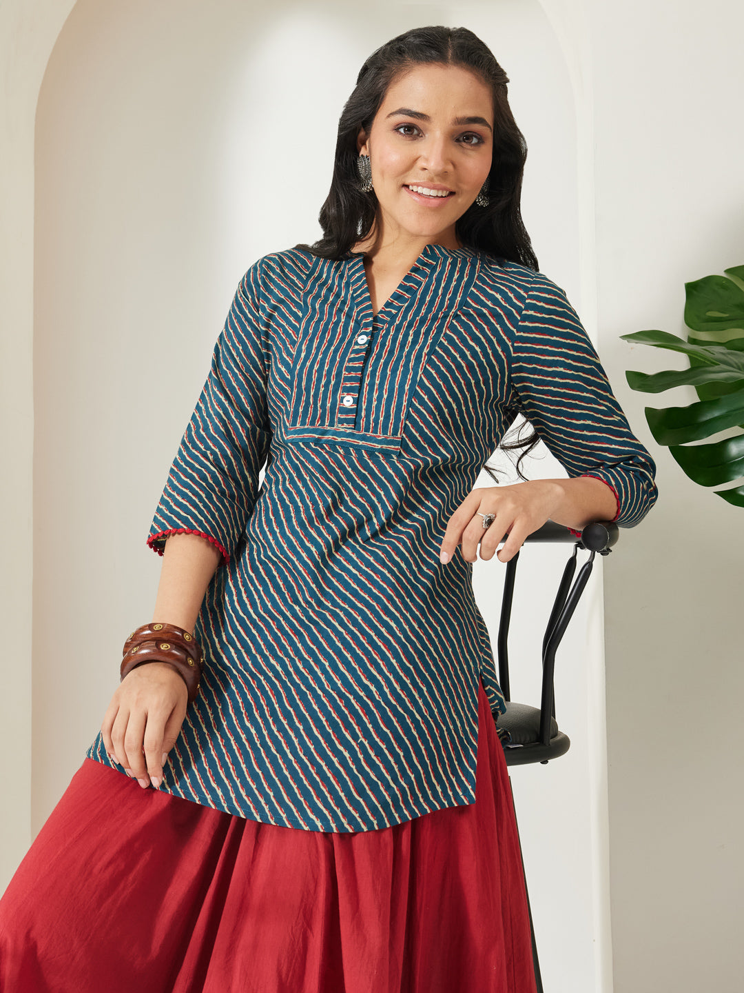 Janasya Women's Teal Blue Pure Cotton Striped Printed A-Line Tunic