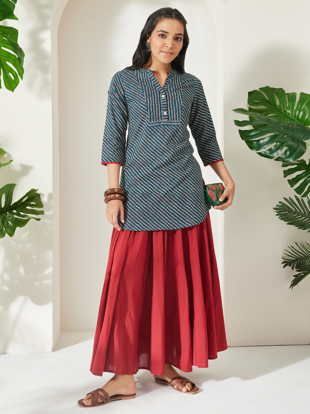 Janasya Women's Teal Blue Pure Cotton Striped Printed A-Line Tunic