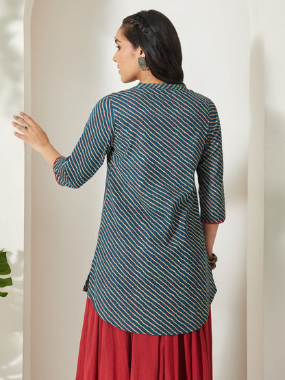 Janasya Women's Teal Blue Pure Cotton Striped Printed A-Line Tunic