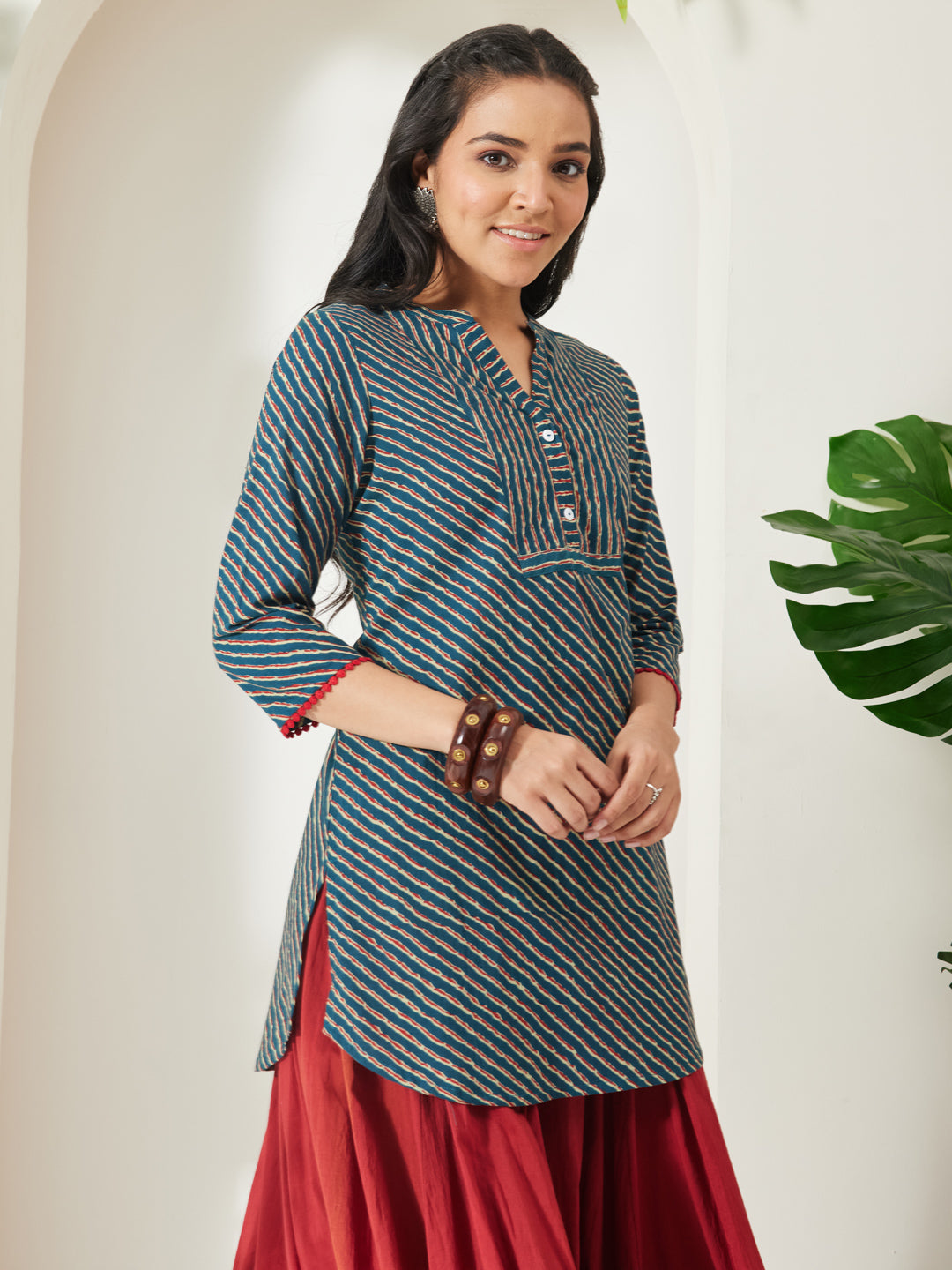Janasya Women's Teal Blue Pure Cotton Striped Printed A-Line Tunic