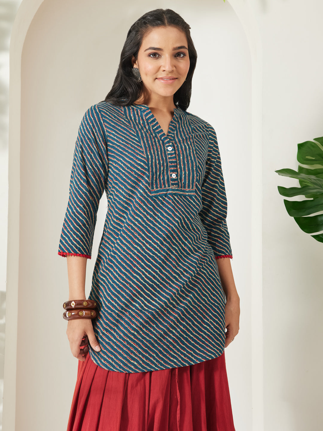 Janasya Women's Teal Blue Pure Cotton Striped Printed A-Line Tunic