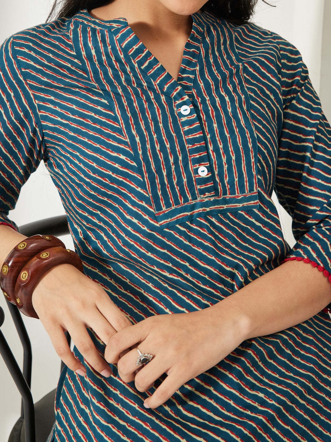 Janasya Women's Teal Blue Pure Cotton Striped Printed A-Line Tunic