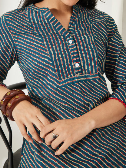Janasya Women's Teal Blue Pure Cotton Striped Printed A-Line Tunic